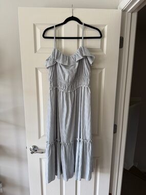 Tahari Light Blue Midi Dress with Ruffle Neckline